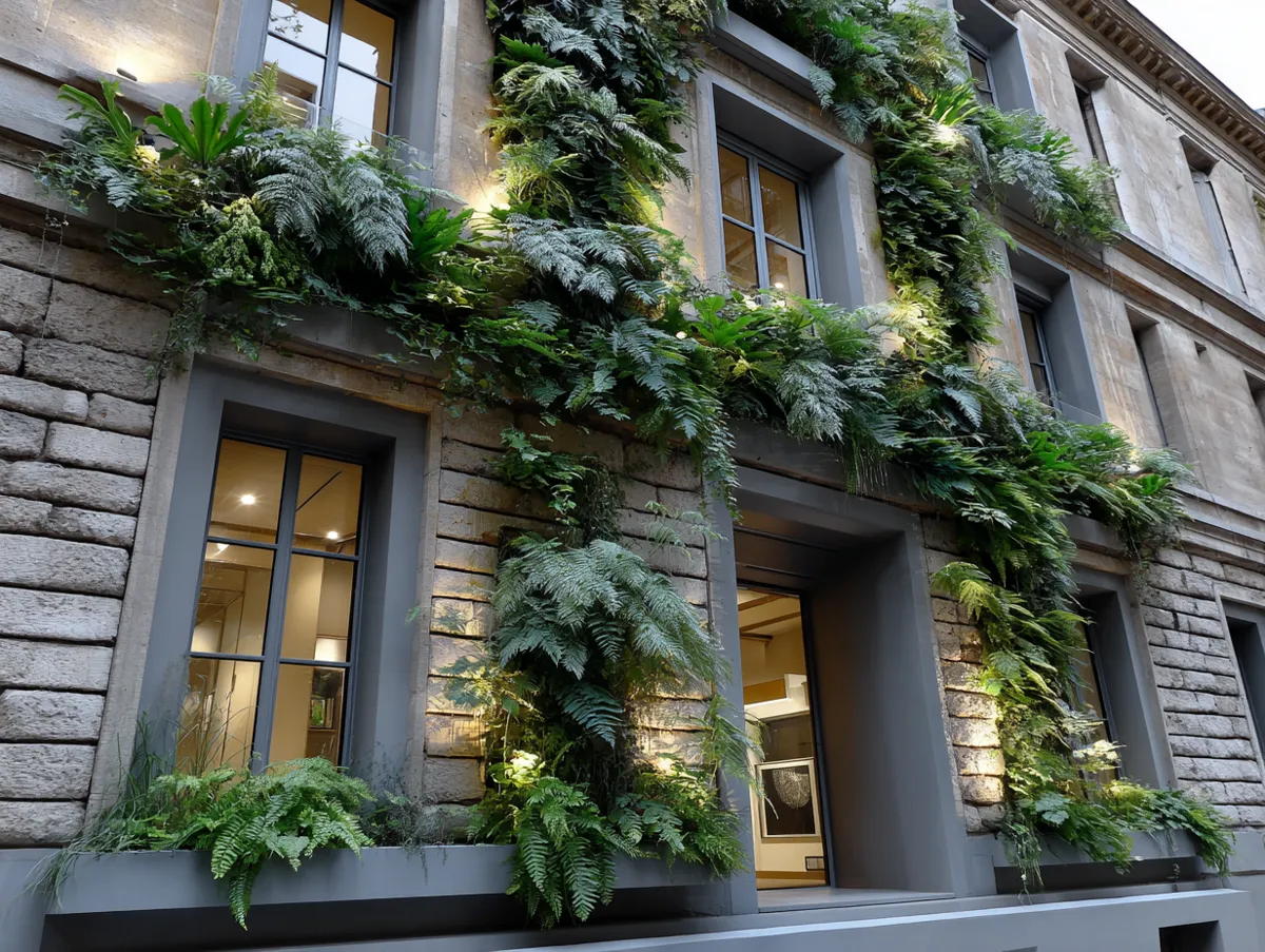 Visualisez une façade entourée de plantes et d’arbustes délicatement éclairés, créant une transition douce entre nature et architecture, où chaque feuillage devient une touche artistique.